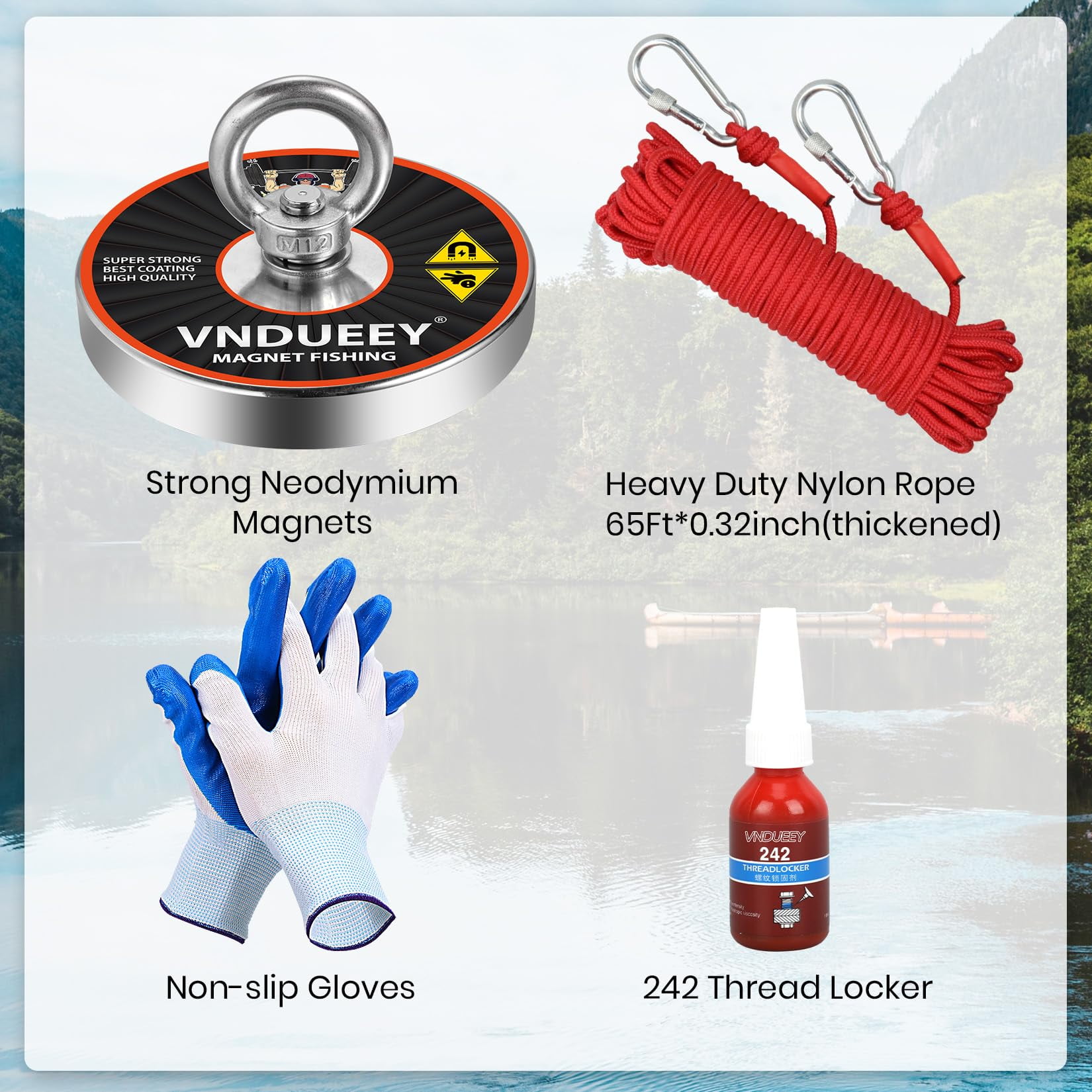 VNDUEEY Magnet Fishing Kit 1500 LBS Pull Force, Strong Neodymium Fishing Magnets with Durable 65 FT Rope, Gloves, Locking Carabiner, Threadlocker - Powerful Magnets for Fishing and Underwater Salvage