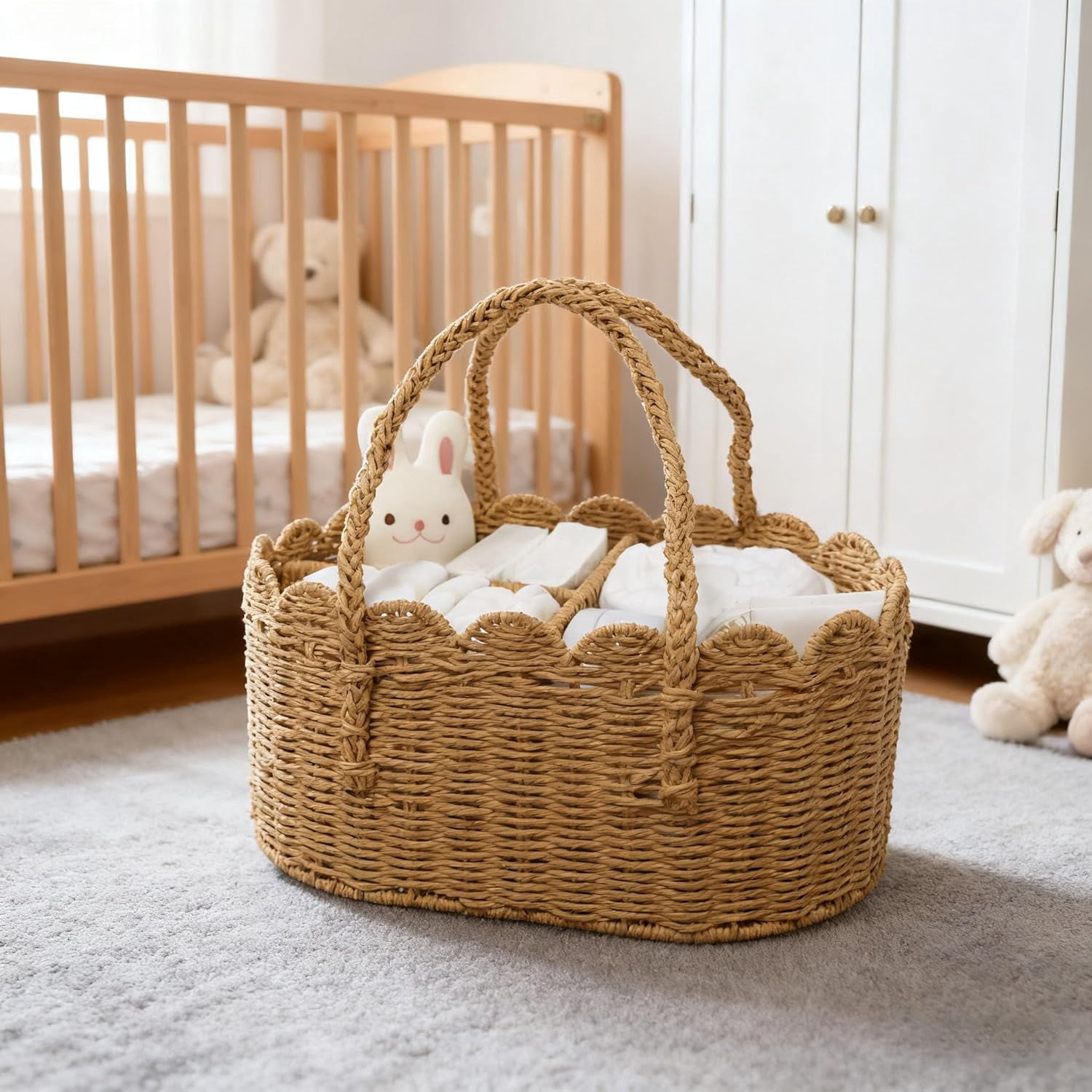 2026 Rattan Diaper Caddy Organizer, Woven Paper Rope Storage Rattan Baskets with Removable Divider, Portable Car Organizer for Diapers, Shower Gifts, Essentials Must Haves