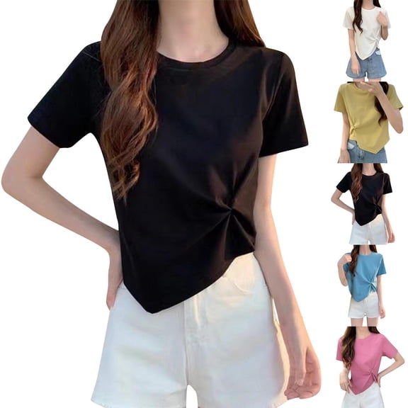 YHAJDS Short Sleeve Shirts for Women V Neck Solid Color Casual Round Neck Top