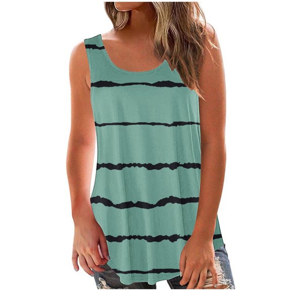 Scyoekwg Casual Tank Tops for Women Crew Neck Ruched Tunic Tank Tops Striped Graphic Tee Summer Sling Shirts Comfy Ladies Tops Sleeveless Tops Loose Blouses (Green,S)