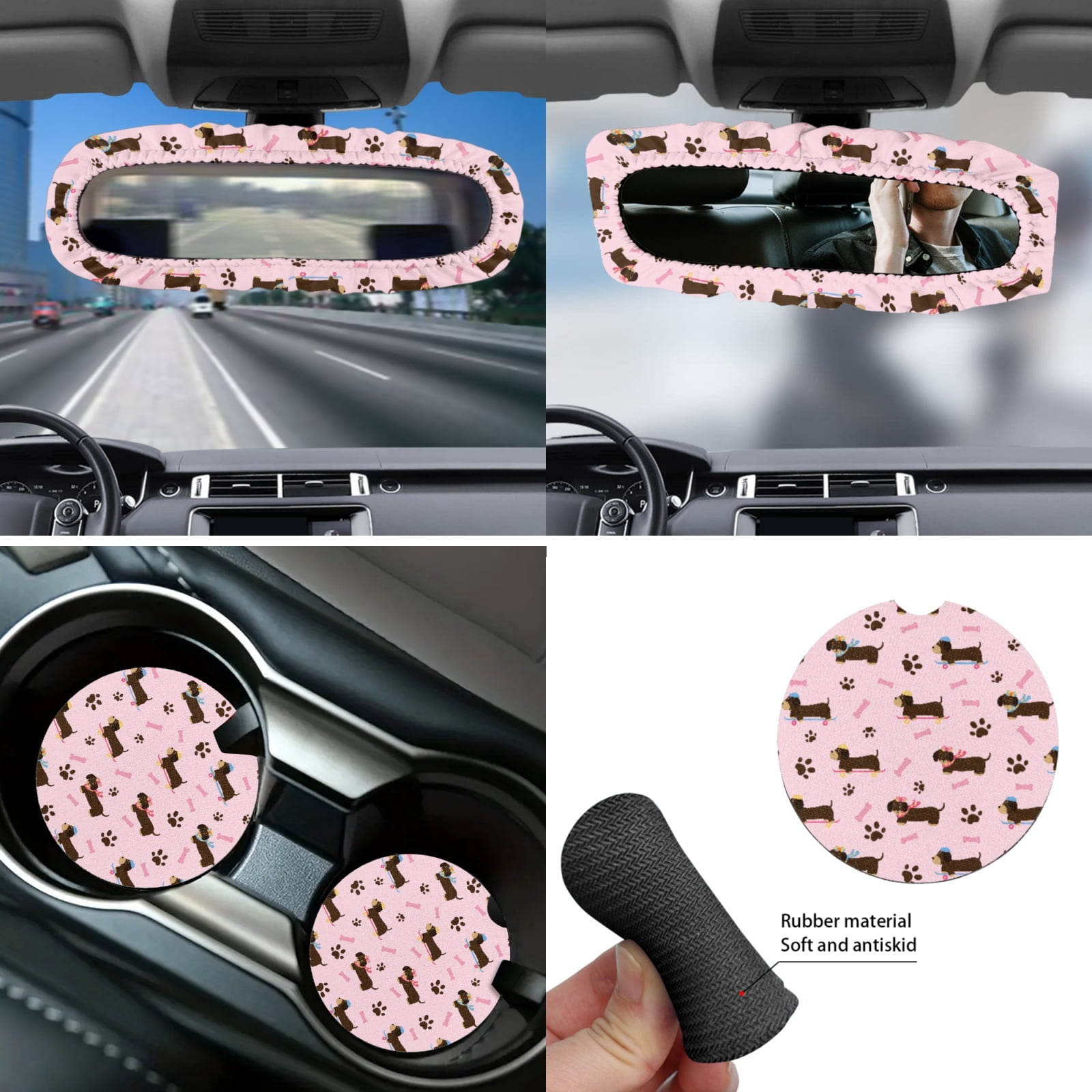 Yuyamidu Dachshund Car Front Rear Seat Covers Full Set of 14 Dog Paw Steering Wheel Cover Seat Belt Pads Handbrake Sets Trash Bin Armrest Cover Rearview Mirror Cover Cup Holders for SUV Truck Sedan