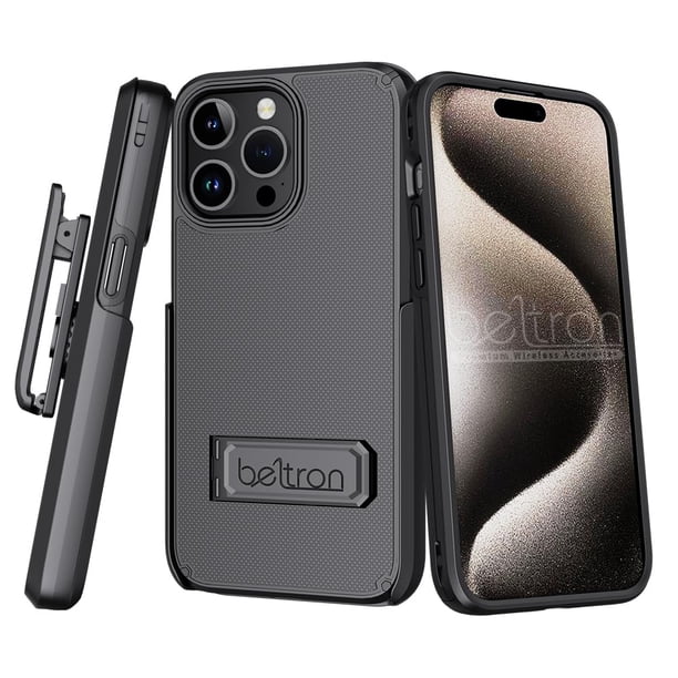 BELTRON Combo de funda para iPhone 15 Pro Max Funda protectora delgada con agarre de cuerpo completo y clip giratorio para cinturón 3 en 1 Combo con soporte/tarjetero compatible con Apple iPhone 15 Pr