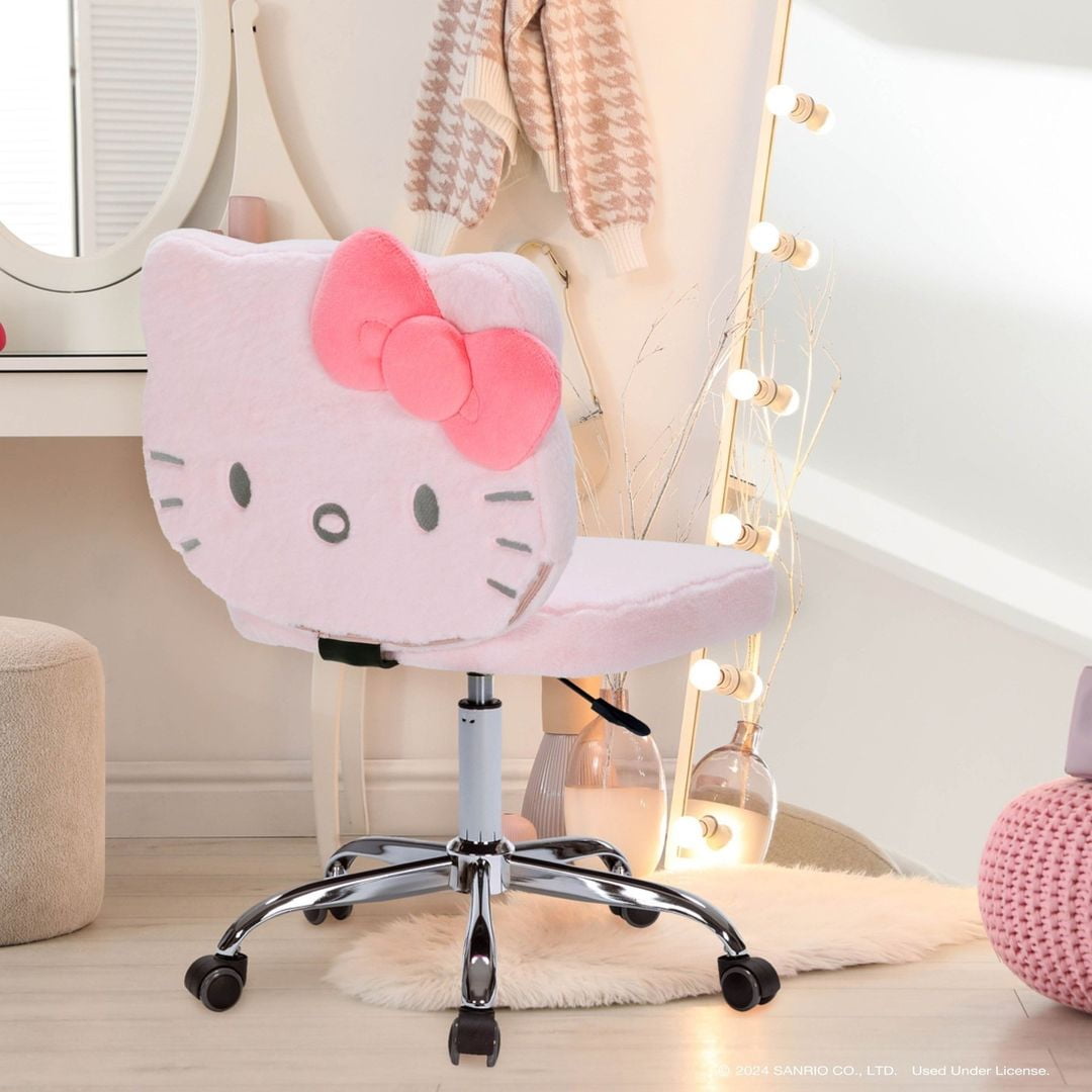 Impressions Vanity Hello Kitty Teddy Fur Swivel Vanity Chair with 360 Degree Rolling Wheels (Pink)