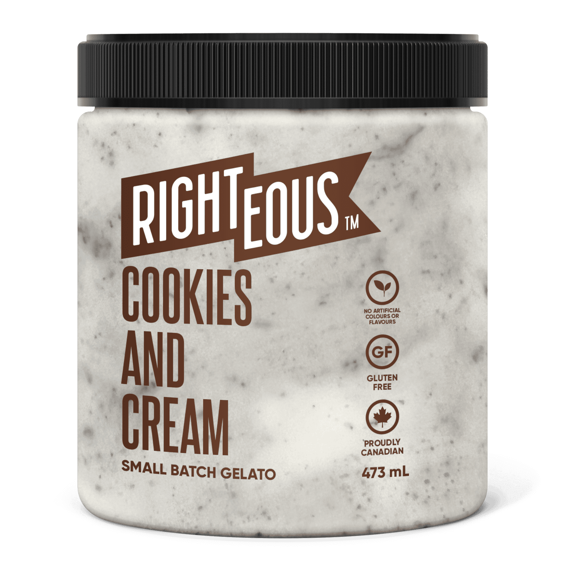 RT COOKIES & CREAM, RIGHTEOUS GELATO COOKIES & CREAM-Vanilla gelato with gluten free chocolate wafer cookies.