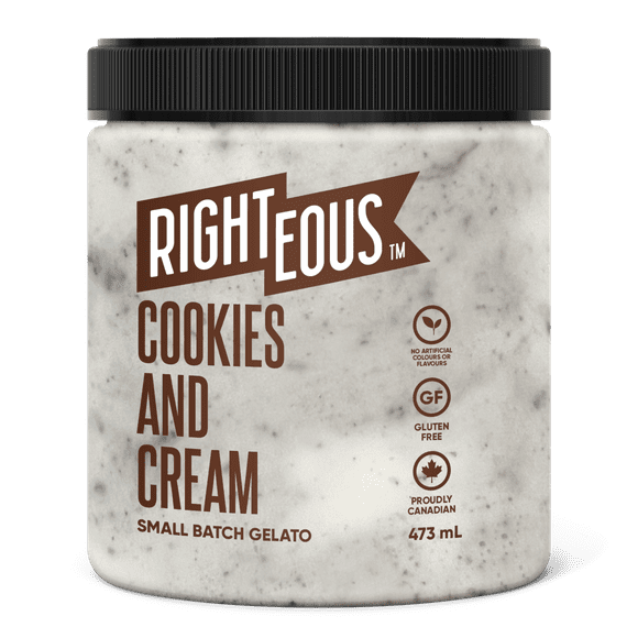 RIGHTEOUS GELATO COOKIES AND CREAM, RIGHTEOUS GELATO COOKIES & CREAM-Vanilla gelato with gluten free chocolate wafer cookies.
