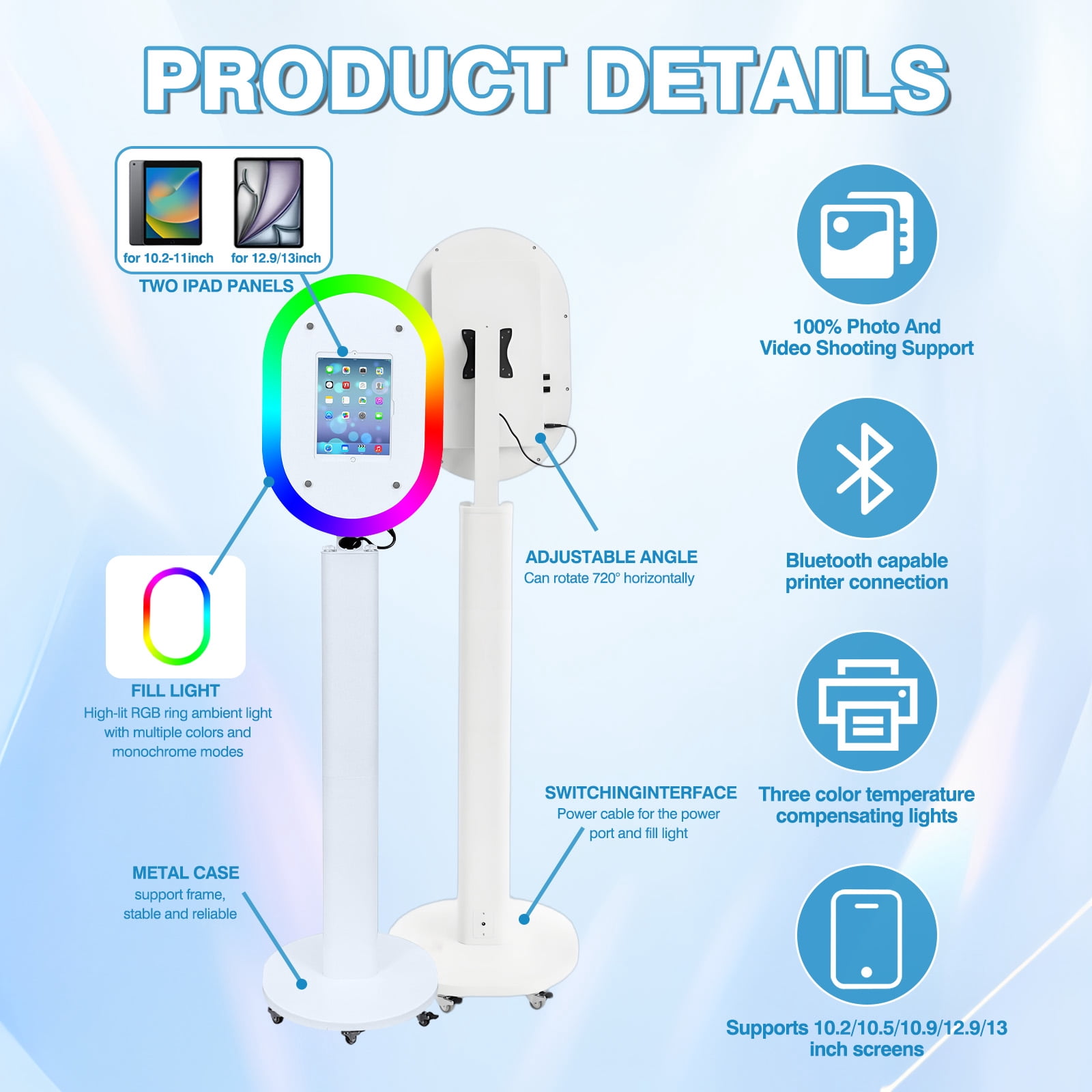 Portable iPad Photo Booth Stand with RGB Ring Light - Compatible with 10.2" to 13" iPad Pro/Air, Party Selfie Station for Weddings & Corporate Events (White/Flight Case)​