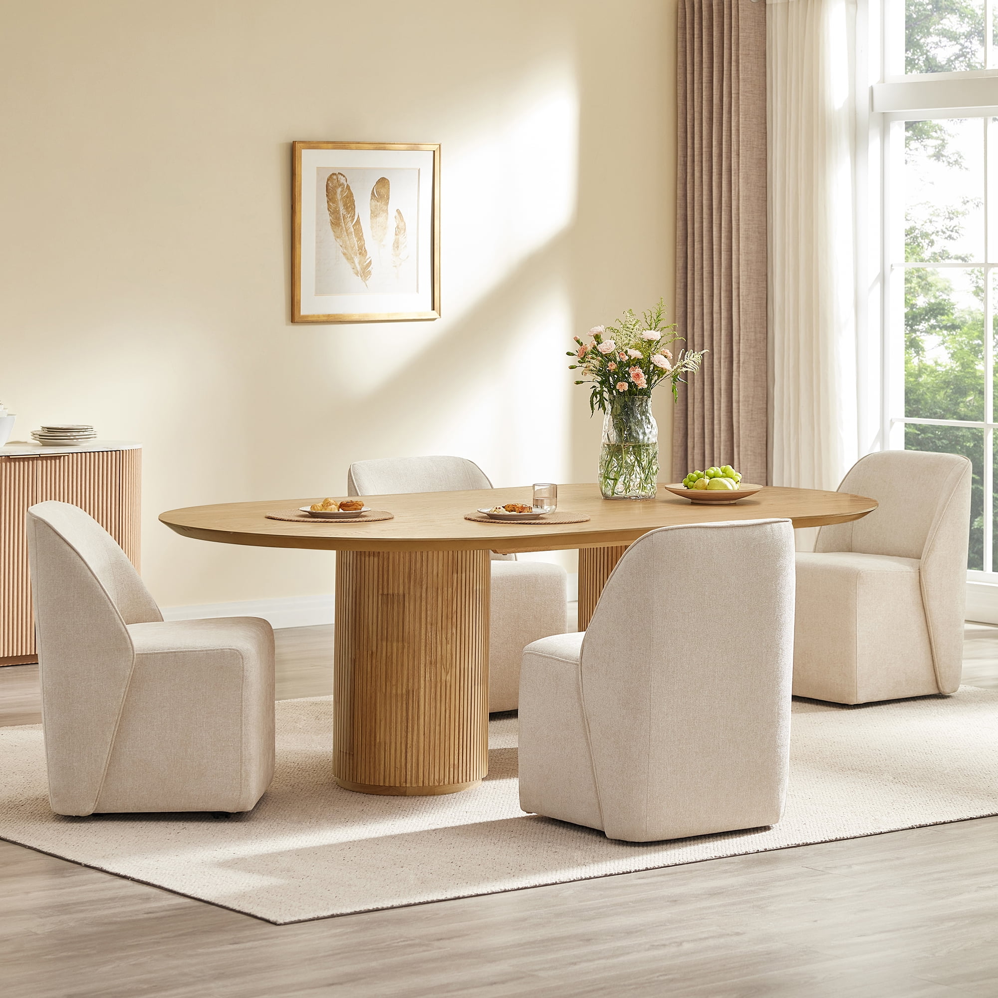 Spruce & Spring Rolling Upholstered Dining Chair with Smooth Hidden Casters Set of 2, Linen