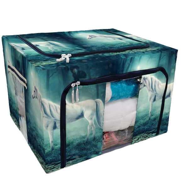 PKQWTM White unicorn in a dark forest Storage Bag Clear Window Storage Bins Boxes Large Capacity Foldable Stackable Organizer With Steel Metal Frame For Bedding,Clothes,Closets, Bedrooms
