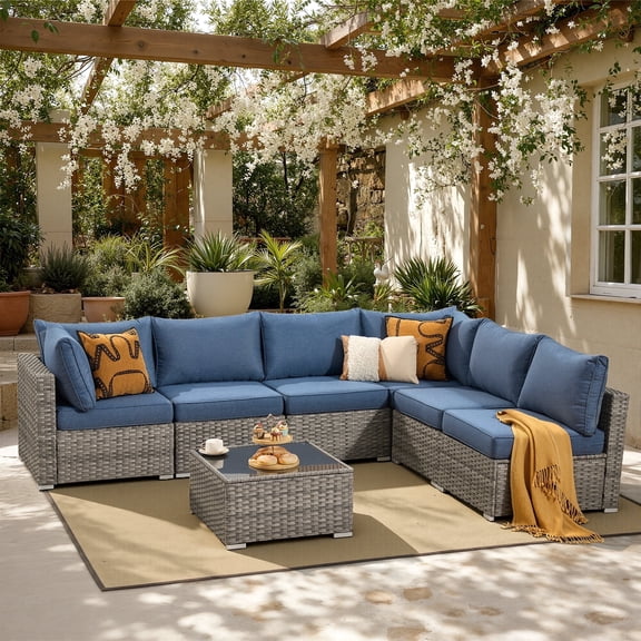 XIZZI 7-Piece Outdoor Sectional Furniture Sets, Wicker Patio Conversation Set with Cushions and Coffee Table, All-Weather Patio sets for Backyard, Garden,Denim Blue