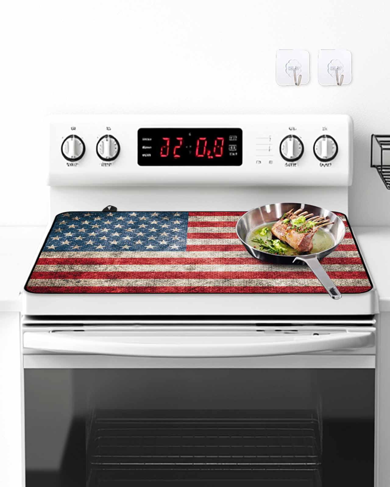 Stove Top Covers for Electric Stove, American Flag Glass Stovetop Cover Protector, Vintage Blue Red USA Flag Induction Cooktop Protector Oven Mat for Kitchen Countertop 28.5"x20.5"