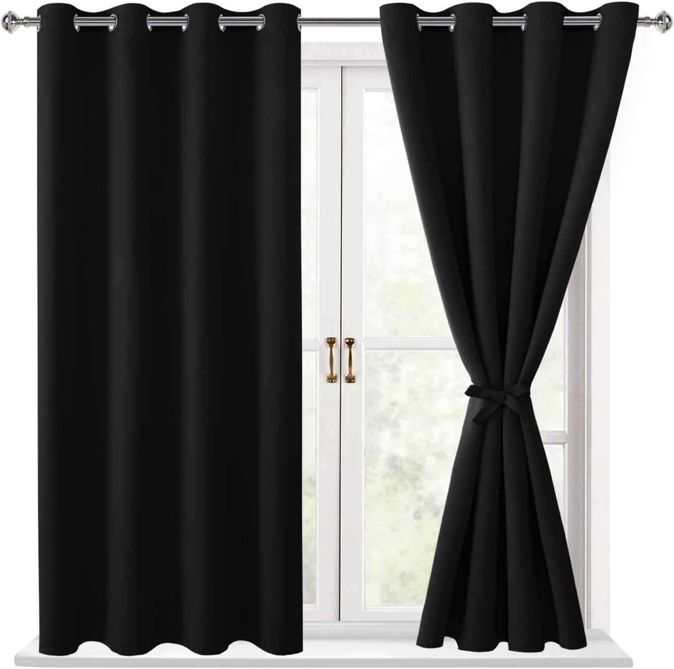 Hiasan Blackout Curtains for Bedroom Sewn with Tiebacks, Thermal Insulated Grommet Room Darkening Window Curtains for Living Room, Black, 52 x 45 Inches, 2 Panels