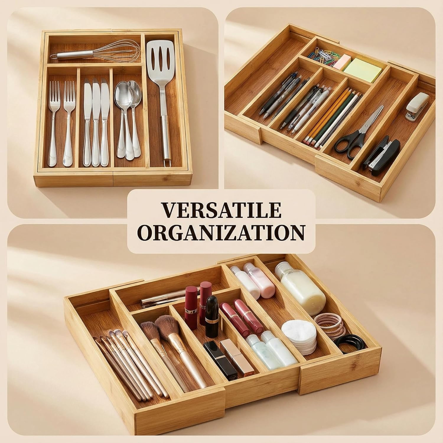 Bamboo Drawer Organizer - Expandable Kitchen Utensil Holder, Adjustable Silverware Drawer Organization, Kitchen Wooden Tray for Cutlery, Flatware & Stationery, 5-7 Slots (Natural)
