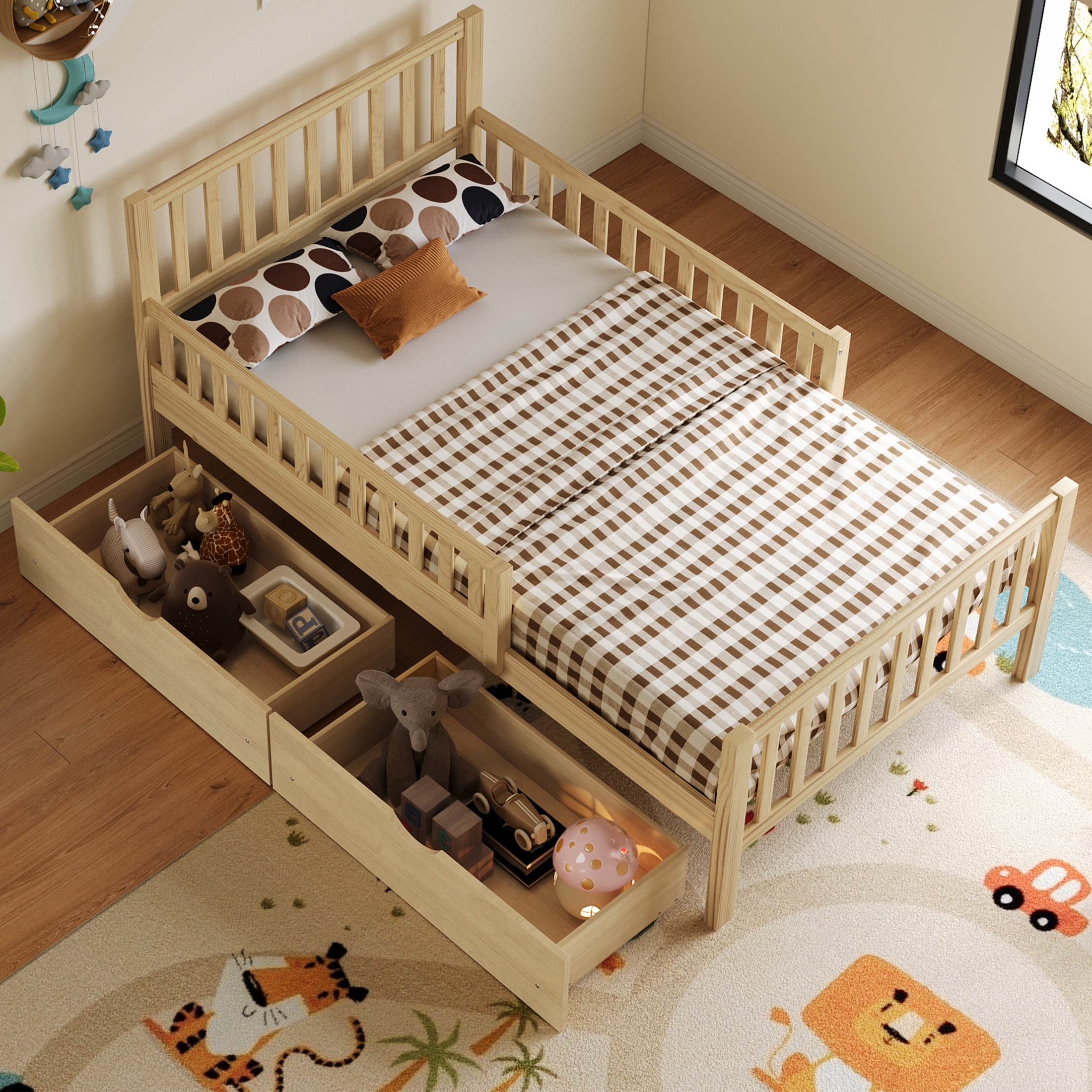 Noble House Twin Size Wood Platform Bed with Guardrails and 2 Storage Drawers, Natural