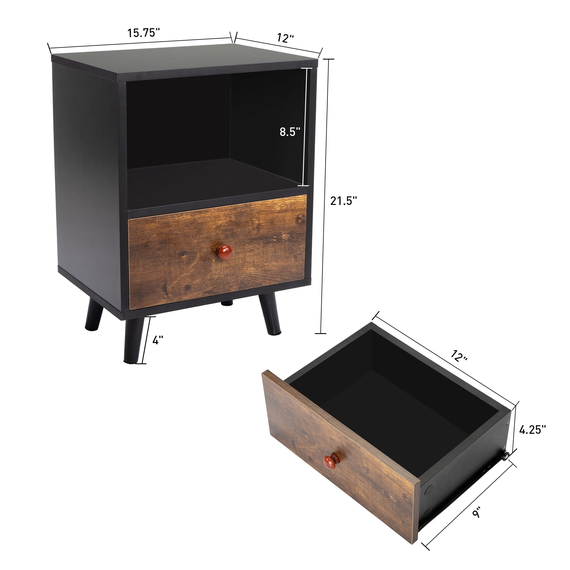 Private Jungle Set of 2 Bedside Cupboard with 1 Drawer and Short Legs,End Table with Storing Shelf,Black Private Jungle Set of 2 Bedside Cupboard with 1 Drawer and Short Legs,End Table with Storing Shelf,Black
