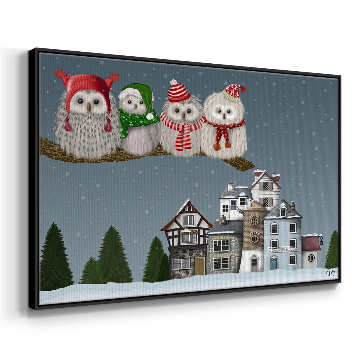 Christmas Christmas Owl Village - Framed Gallery Wrapped Holiday Canvas - 27 x 41 - Black Frame