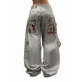 thumbnail image 1 of Pantalones vaqueros unisex estilo hip-hop gótico urbano de talle alto y corte holgado con diseños rasgados y bordados for hombre y mujer, 1 of 3