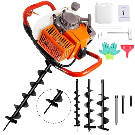 72cc Post Hole Digger 2-Stroke Petrol Gas Powered Earth Digger with 3 Extension Rods（8" 12" & 20"）   3 Auger Drill Bits (4" 6" & 8") for Farm Garden Plant