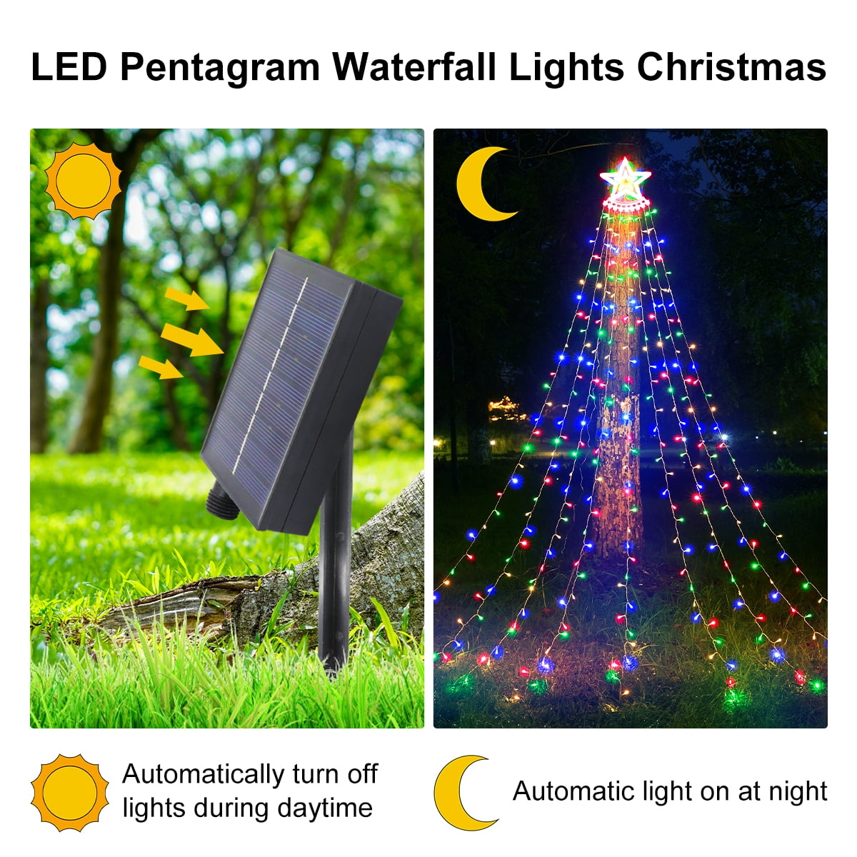 Magotan 12.5ft 350 LED Waterfall Christmas Lights Outdoor Decoration Twinkle Solar Christmas Tree String Lights with Top Star Xmas Holiday Garden Yard Decoration, Multicolor