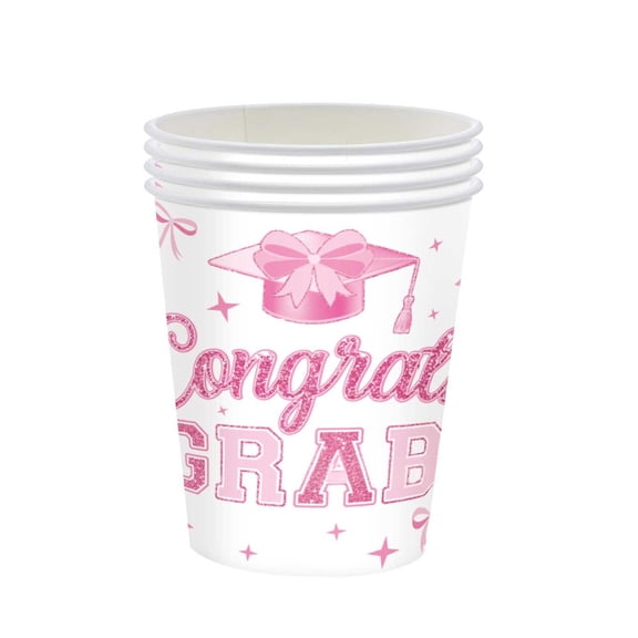 2026 Graduation Decorations, Graduation Party Supplies, Disposable Paper Cups, Pink Bow Party Decorations, Star Decor, Grad Party, 12Oz, Pink Accent, 24 Pk