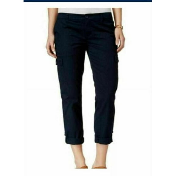 Tommy Hilfiger Women's Roll-Cuff Flat Front Crop Capri Pants (Sky Captain, Large)