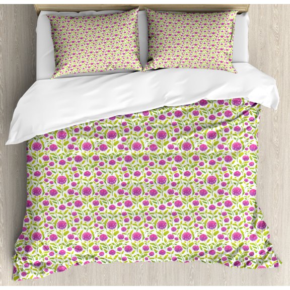 Doodle Duvet Cover Set Queen Size, Summer Field Wild Flowers Pattern Sketch Artwork, Decorative 3 Piece Bedding Set with 2 Pillow Shams, Apple Green Fuchsia, by Ambesonne