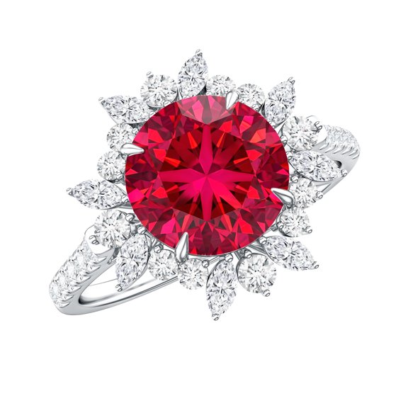 Rosec Jewels Lab Grown Ruby Cocktail Ring for Women - 8 mm - Certified Ruby Diamond Ring - AAAA Grade - with Jewelry Box, 925 Sterling Silver, US 4.00