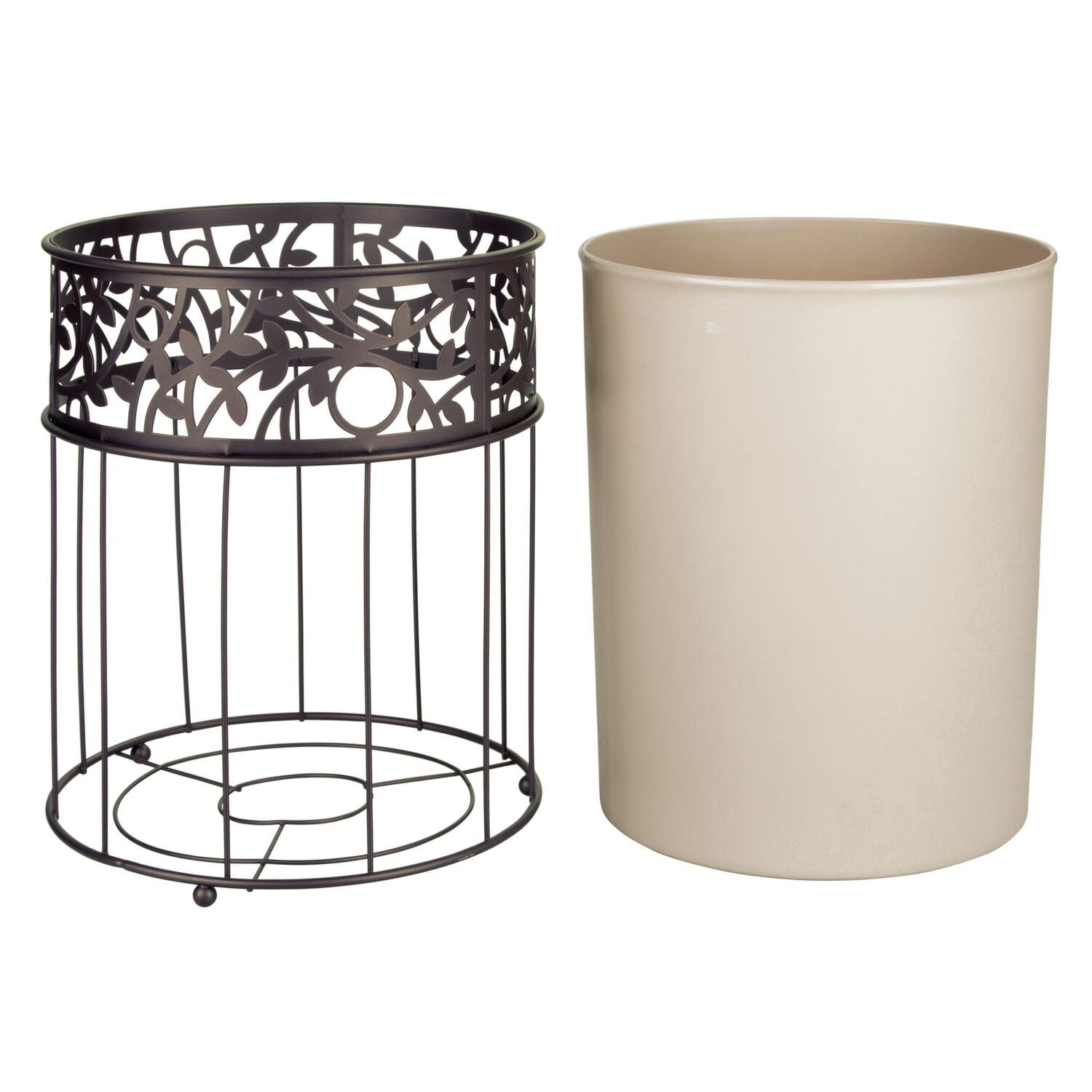 iDesign Vine Bathroom Trash Can, 1.8 Gallon Decorative Steel Open Top Garbage Bin, Vanilla (Cream)/Bronze