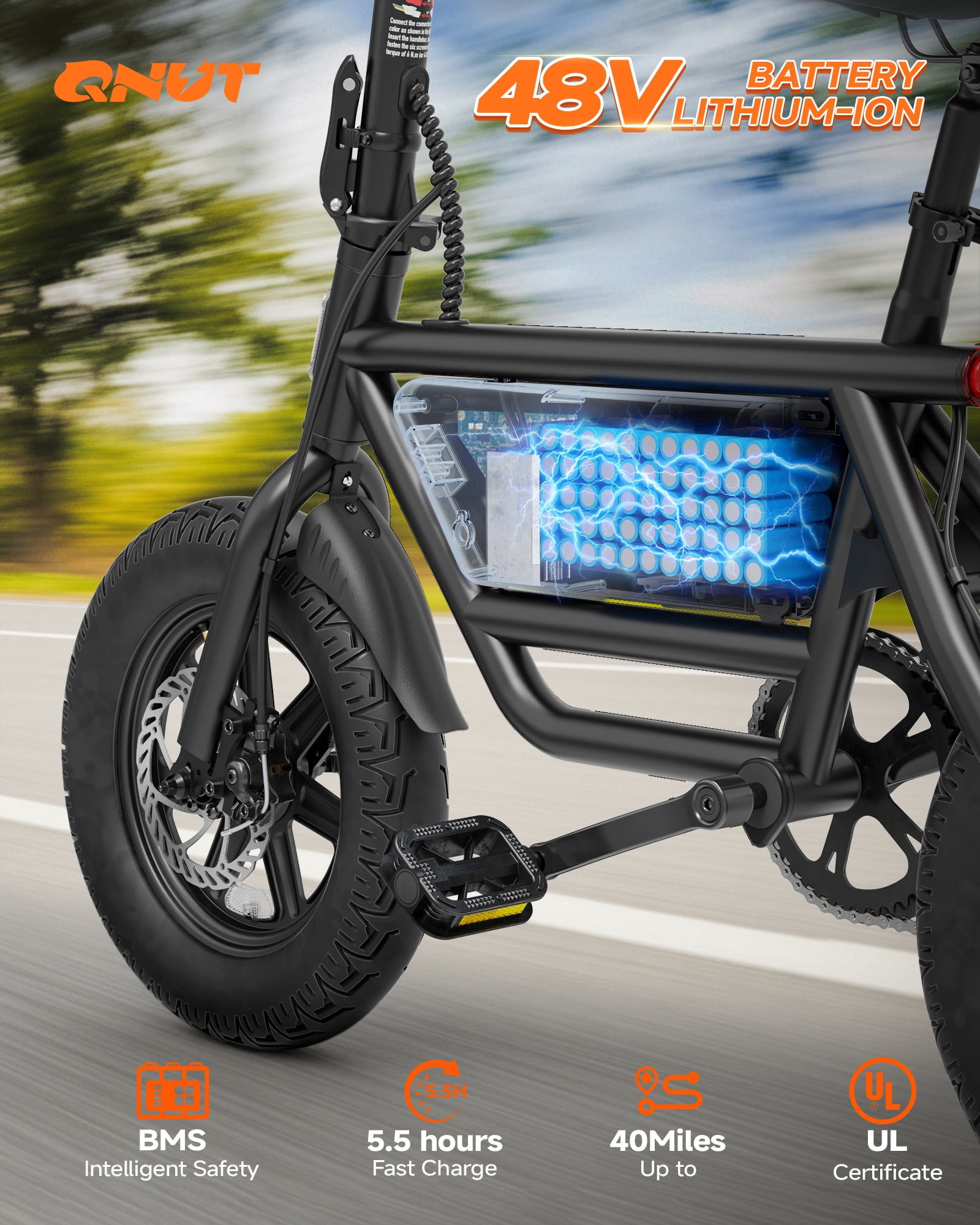 QNUT 14" Folding E-Bike for Adults/Teens - 750W Peak, 20MPH, 35-53 Mile Range (48V), 4-Speed, Comfort Seat, UL2849 Certified for City/Commuter Riding