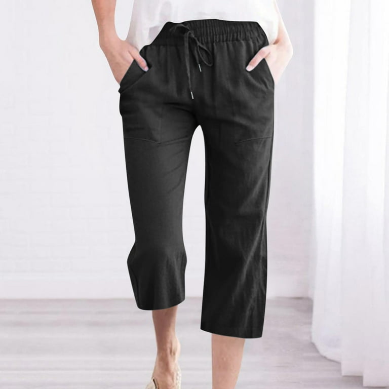 Womens Cotton Linen Capri Pants Elastic Waist Drawstring Straight Leg Pants  Casual Loose Lounge Trousers with Pocket