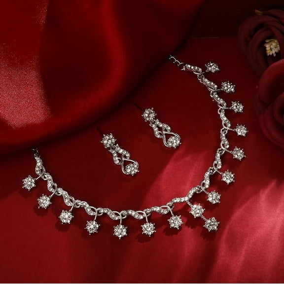 Parshwa Creations American Diamond Style Silver Plated Necklace with Earrings Jewellery Set for Women – Perfect for Party, Wedding, and Engagement