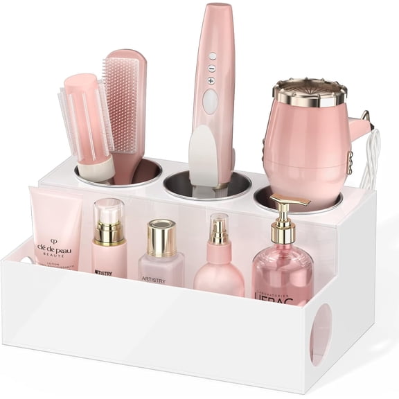 NIUBEE Hair Tool Organizer, Acrylic Hair Blow Dryer Curling Tool Holder, Bathroom Countertop Vanity Organizers and Storage Stand for Accessories, Makeup, Toiletries, White