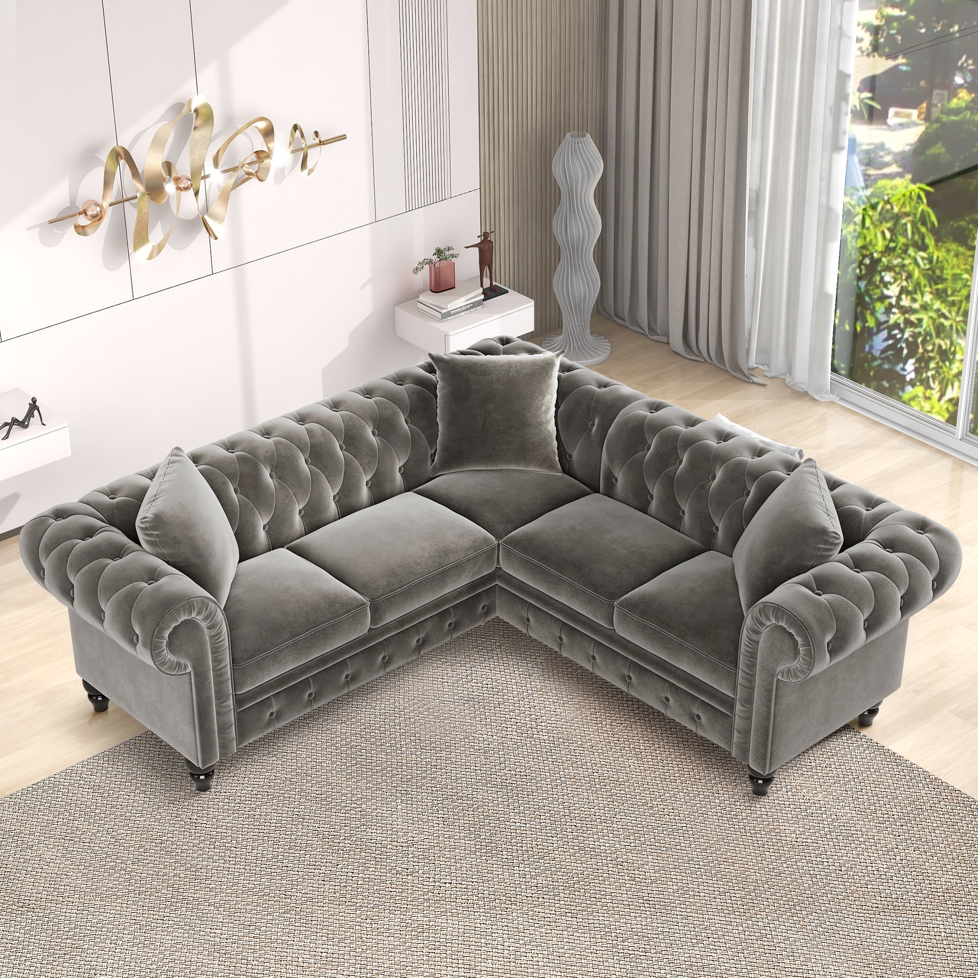 Yardi Yard Button Tufted Velvet L-Shape Couch Sectional Sofa with 3 Pillows for Living Room Apartment, Grey Yardi Yard Button Tufted Velvet L-Shape Couch Sectional Sofa with 3 Pillows for Living Room Apartment, Grey