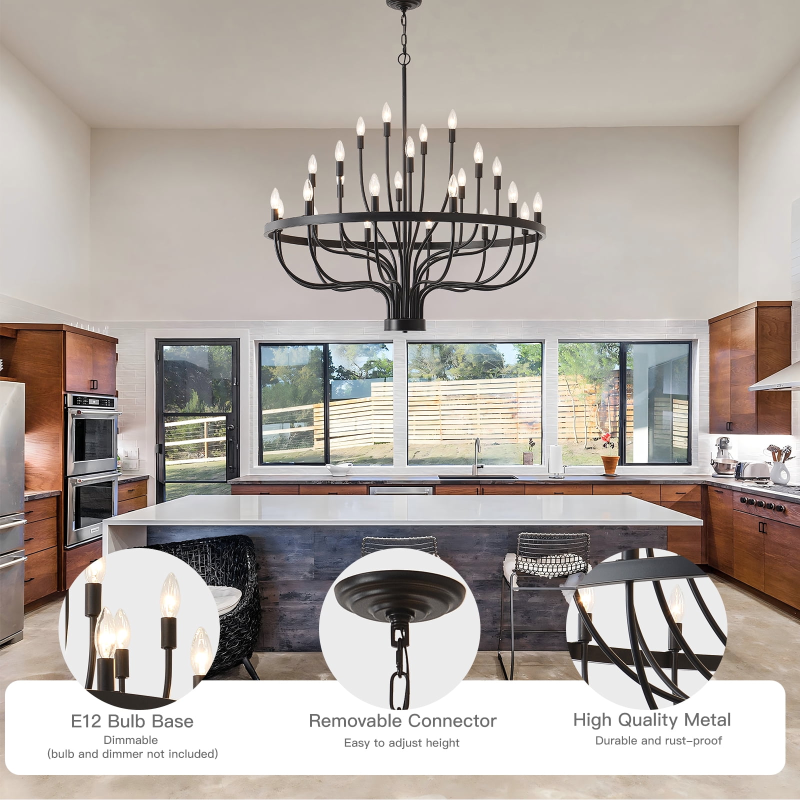 24-Lights Farmhouse Chandelier with Adjustable Height, Black Candle-Style Hanging Light for Entryway, Dining Room, High Ceiling Living Room, Hallway
