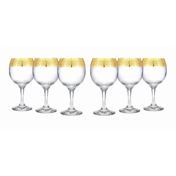 Gold Rimmed Wine Goblets Greek Key Pattern - 9 oz. Lead Free Glasses 6-pc