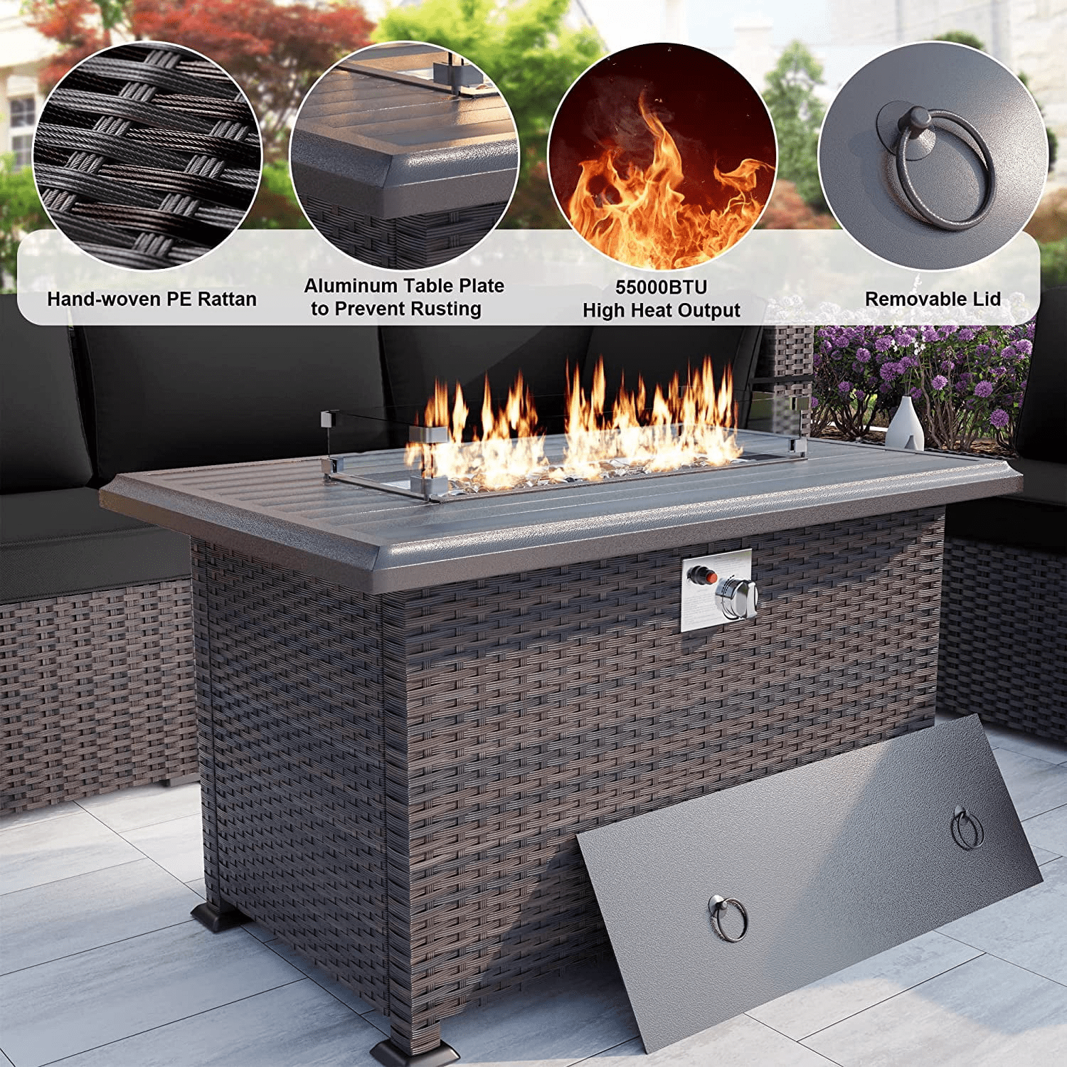 43.3" Rattan Propane Fire Pit Table - Auto-Ignition 55,000 BTU Rectangle Gas Fire Table with Windshield & Weather Cover, Outdoor Heater for Patio Garden ,Brown
