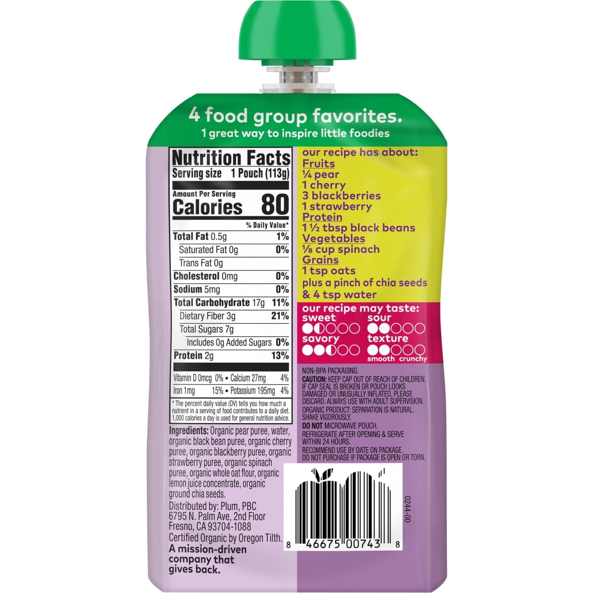 Plum Organics Mighty 4 Organic Toddler Food, Pear, Cherry, Blackberry, Strawberry, Black Bean, Spinach, and Oat, 4 oz Pouch - Case of 12
