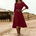 thumbnail image 5 of Ohufall Women's Dresses Long Sleeve Round Neck Flowy Midi Dress Solid Color Vacation Fashion Dress, 5 of 6