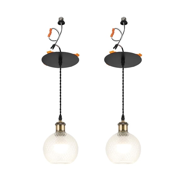 KAYYELAMP 2 Pcs Recessed Retrofit Pendant Conversion Kit E26 Power Connector 3.2 Ft Adjusted Cord Bronze Base Glass Ball Shade Modern Hanging Light
