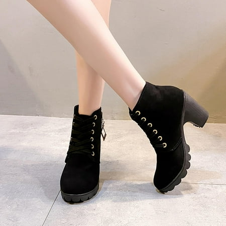

Bnwani Walking Shoes Women Today s Deals High Heel Shoes Lace-Up Retro Thick Ankle-High Black Boots 35-42