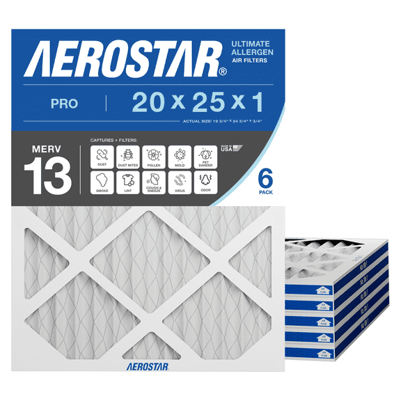 Aerostar 20x25x1 MERV 13 Air Filter, Pleated AC Furnace HVAC, Smoke Bacteria Allergy, 6 Pack
