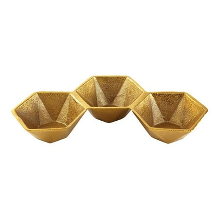 

Leeber 70192 11 x 6 x 1.75 in. Hexagon Aluminum Triple Bowl Set Gold