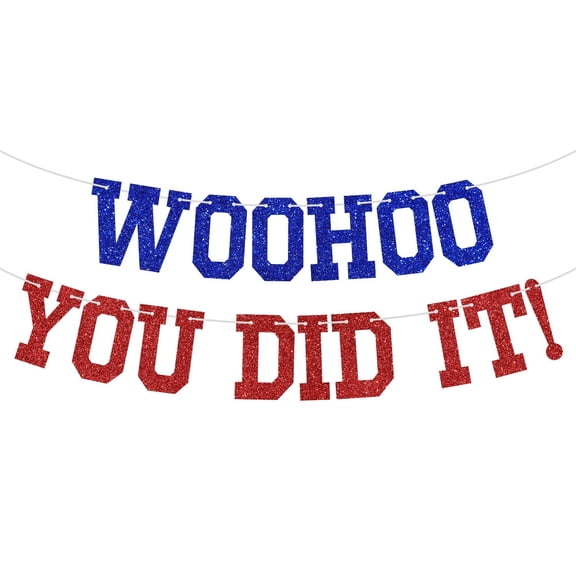 Woohoo You Did It Banner - Congrats Grad Sign, So Proud Of You, 2024 High School/College Graduation Party Decorations Supplies, Blue and Red Glitter