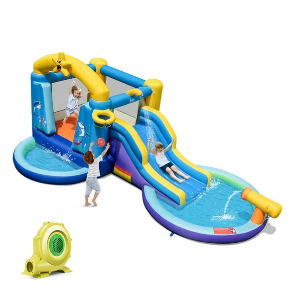 Gymax Kids Inflatable Water Slide Park Bounce Castle w/ 50 Ocean Balls & 735W Blower