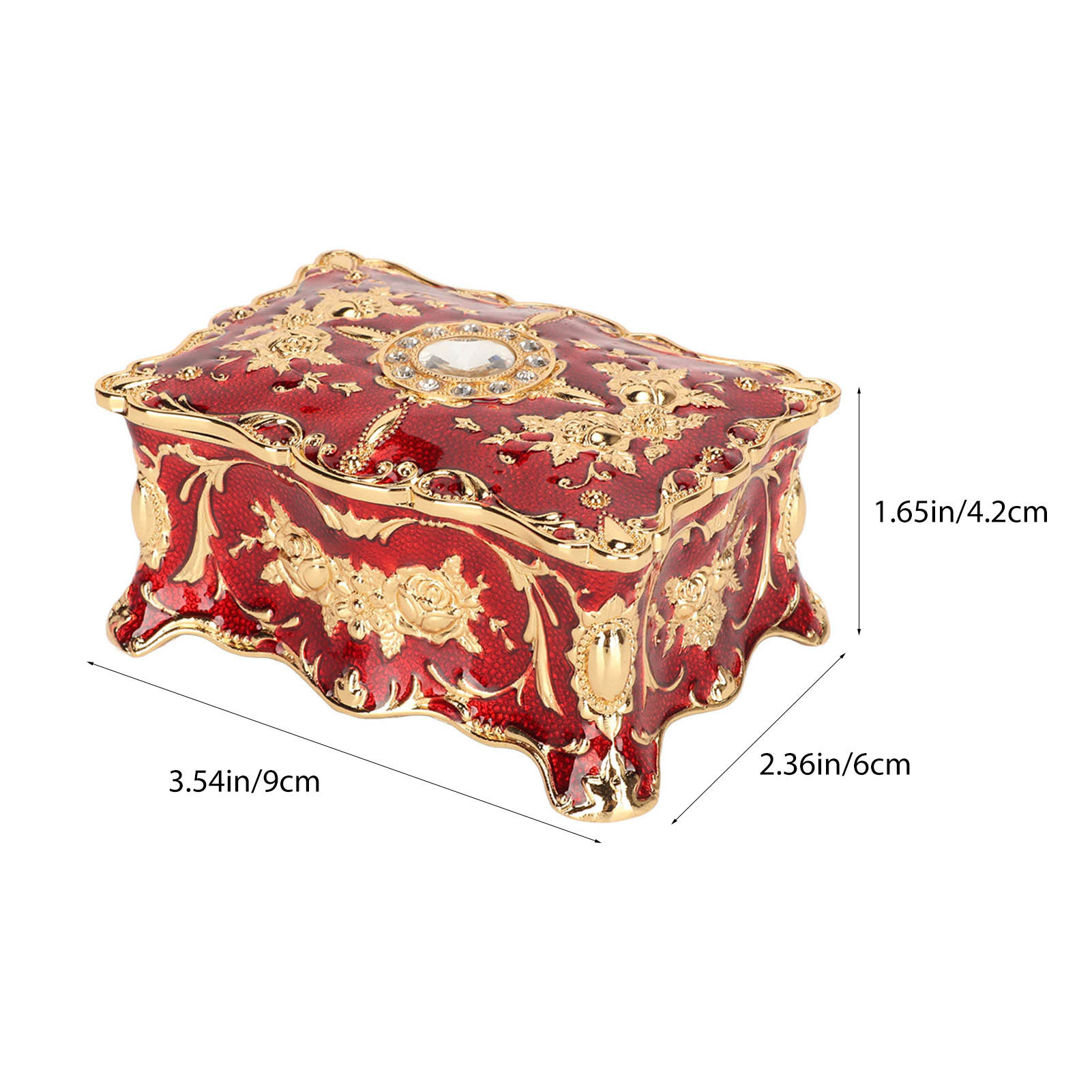 Jewelry Organizer, Jewelry Box, Red Zinc Alloy + Rhinestone Vintage Flower Rectangular Jewelry Box with Exquisite Velvet Lined and Partition Design to Keep Jewelry From Dust and Scratches, Red