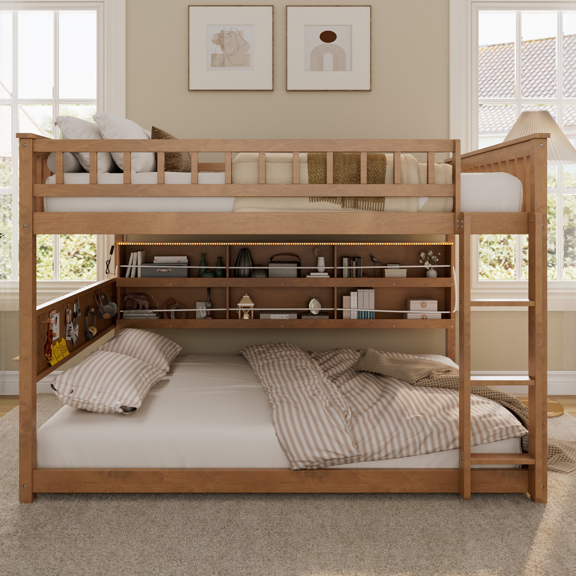 Full over Full Wood Bunk Bed with Integrated Side Storage Shelves and Pegboard, Solid Wood Bunk Bed Frame with Color-Changing Lights and Safety Guardrails for Teens, Adults, Guests