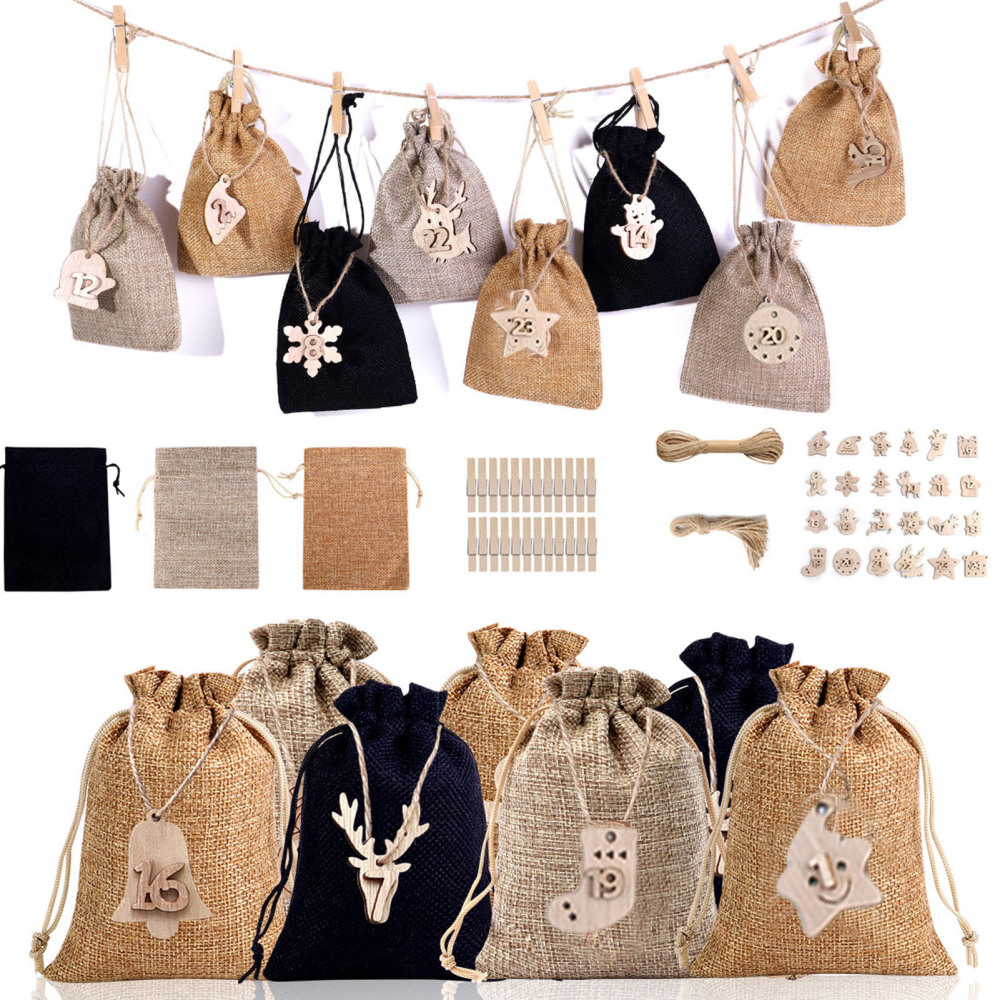 Ksruee Burlap Advent Calendar Bags Fillable Advent Calendar with 24 Drawstring Bag Candy Gift Bags with Drawstring for Kids and Adults Christmas Home Decoration functional