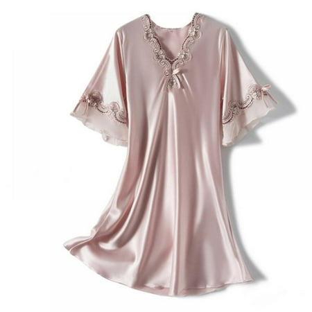 

Magazine Lace Chemise Satin Slip Silk Short Sleeve Nightgown Soft Sleepwear
