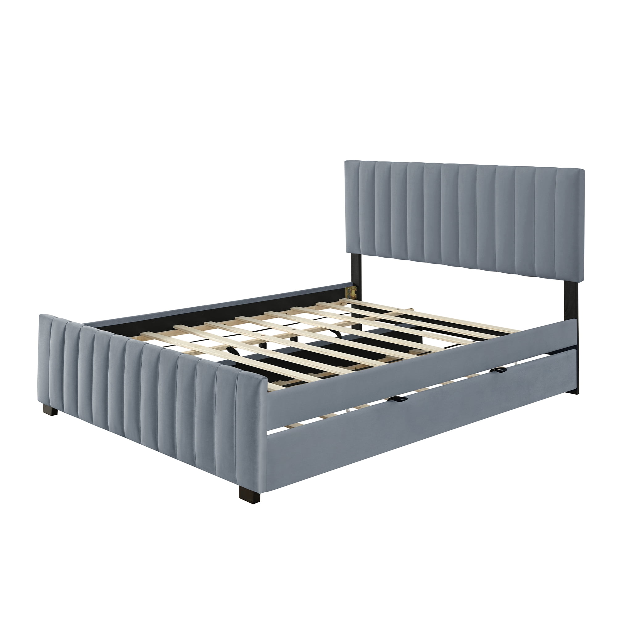 Aukfa Queen Size Upholstered Bed Frame with Twin XL Trundle, Velvet Tufted Headboard & Footboard, Gray