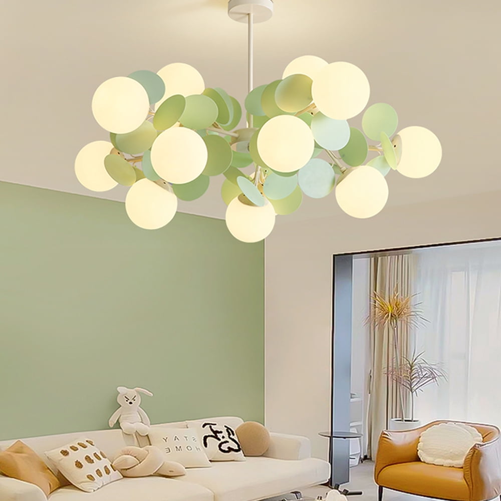 UEEYAC French Cream Style Living Room Glass Pendant Light Modern Green Bubble Chandelier