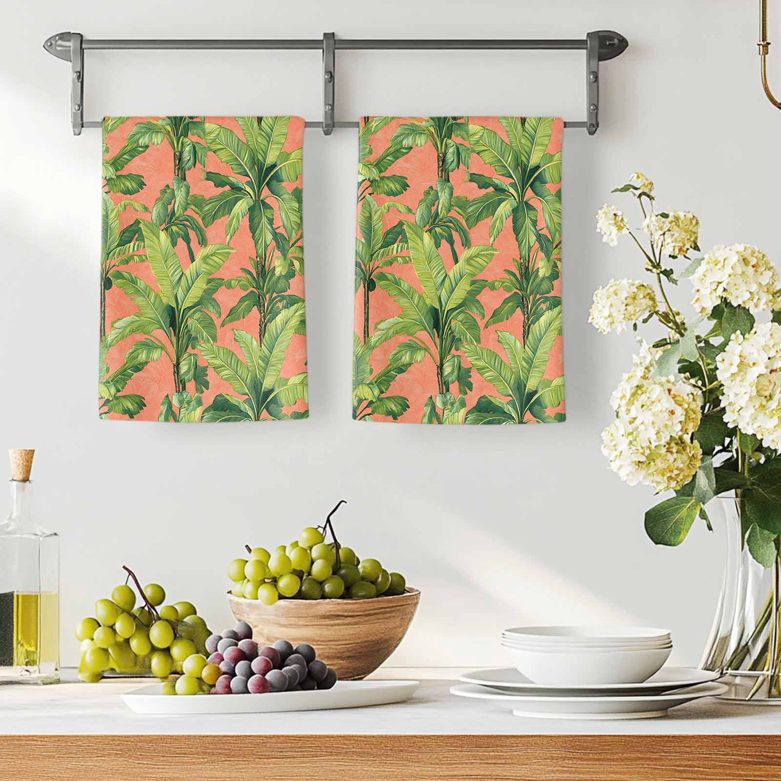 Palm Tree Tropical Kitchen Towels Set of 2, Pink Summer Green Botanical Soft Microfiber Dish Towels, Absorbent Quick-Dry Washable Dishcloths for Kitchen Cleaning, Drying Dishes, 18x28 Inches